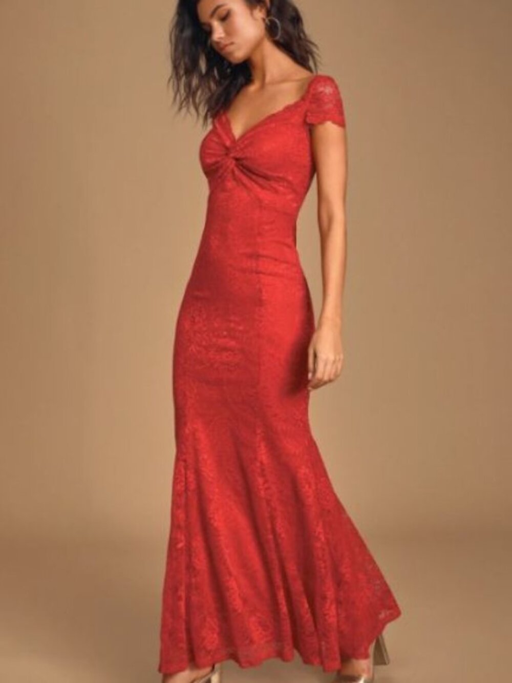 Lulu's Highest Accolade Red Lace Twist-Front Maxi Dress